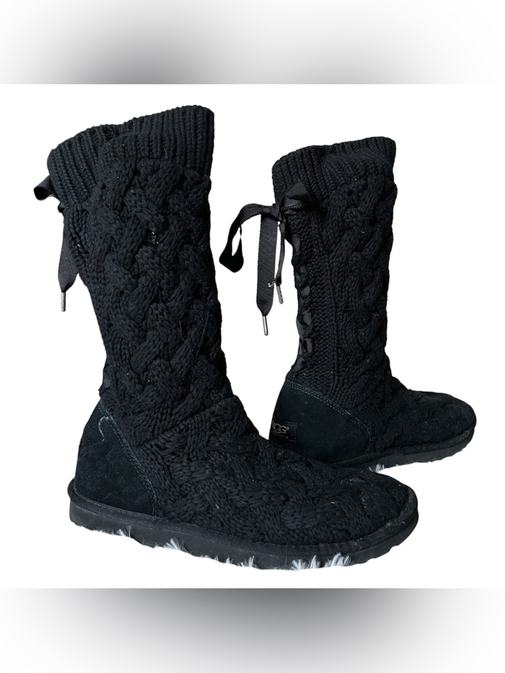 Y2K Coquette “UGG Australia” Black Cable Knit Mid Calf Lace-up Boots